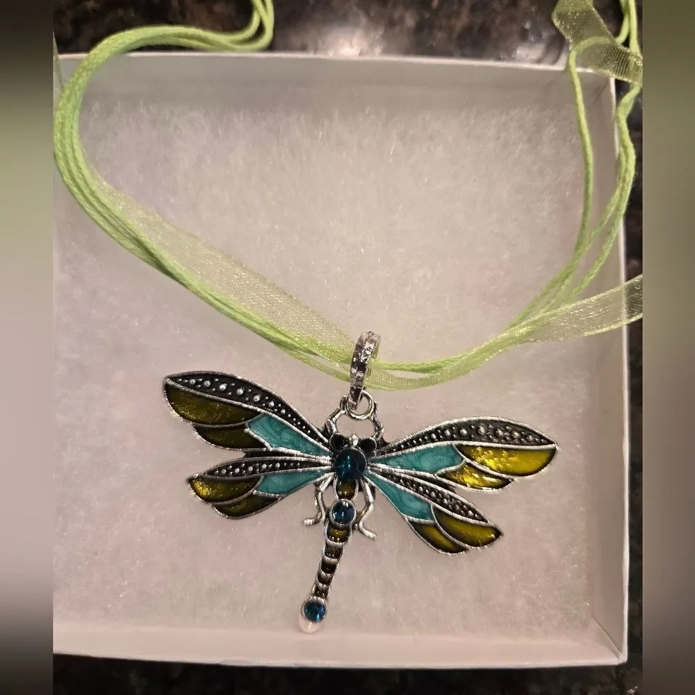 Dragonfly Pendant Necklace with Green Ribbon With Rhinestones